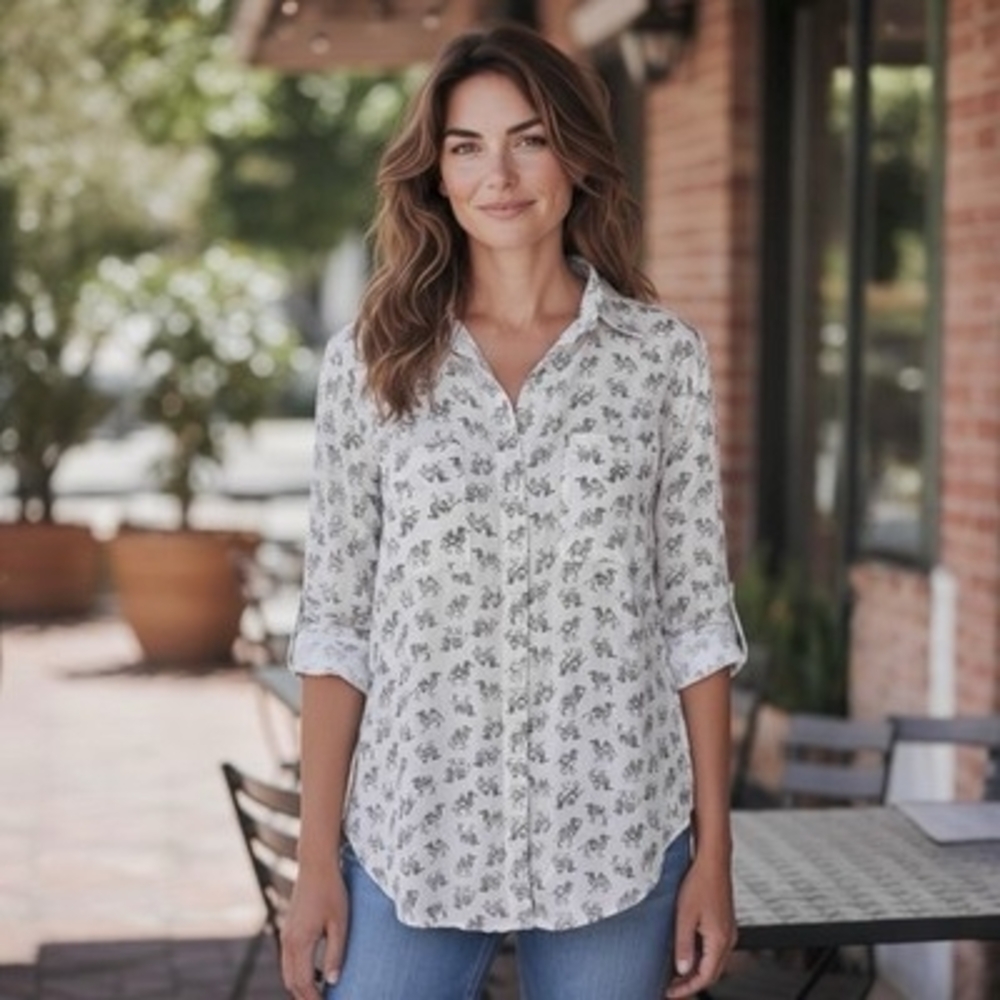 Ann Taylor Silk Camel Print Button Down Blouse Off White Grey Black Women M VG
